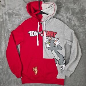 Kids Tom and Jerry Colorblock Hoodie Red Gray Cartoon Character Pullover Size XS